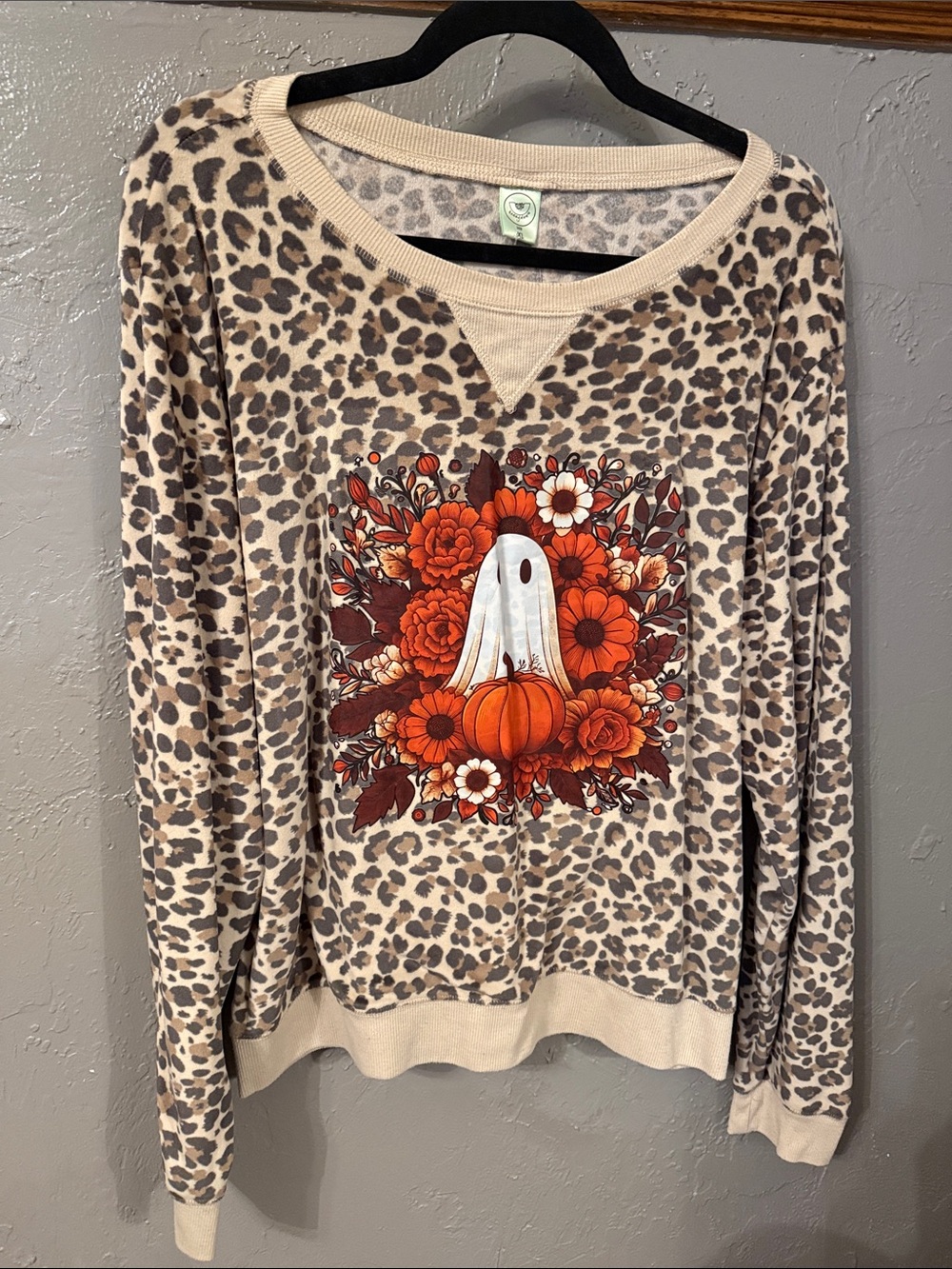 Leopard Print Halloween Sweatshirt with Orange Floral Ghost Motif